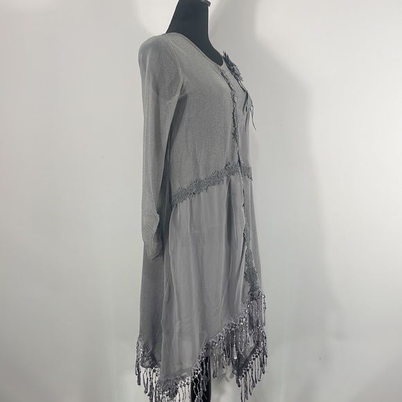 Pretty Angel Tunic,Dress,Fringe details,Sheer, Long Sleeve,Gray, Small,NWT - Picture 12 of 13